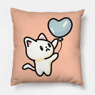 Cute Cat Holding Heart Shaped Blue Balloon Pillow