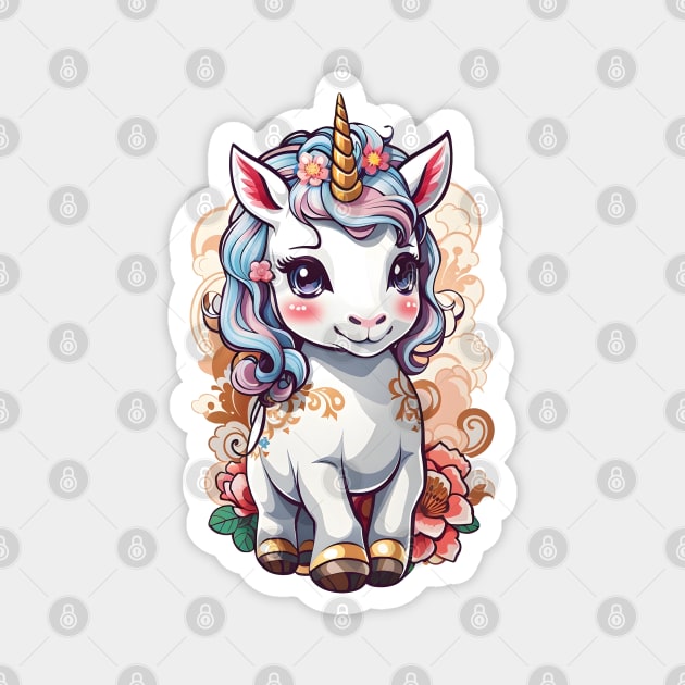 Cute Unicorn with Flowers and Swirls Magnet by Leon Star Shop