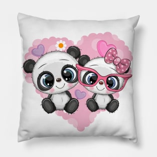 Two cute pandas on a heart background. Pillow