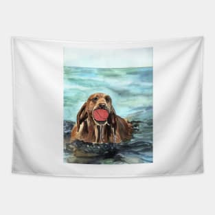 Dog with Ball in the Water Watercolor Art Tapestry