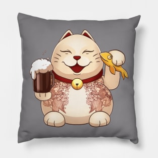 Japanese cat maneki neko with beer Pillow