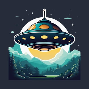 UFO Flying saucer over trees in forest T-Shirt