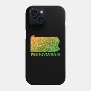 Colorful mandala art map of Pennsylvania with text in green and orange Phone Case