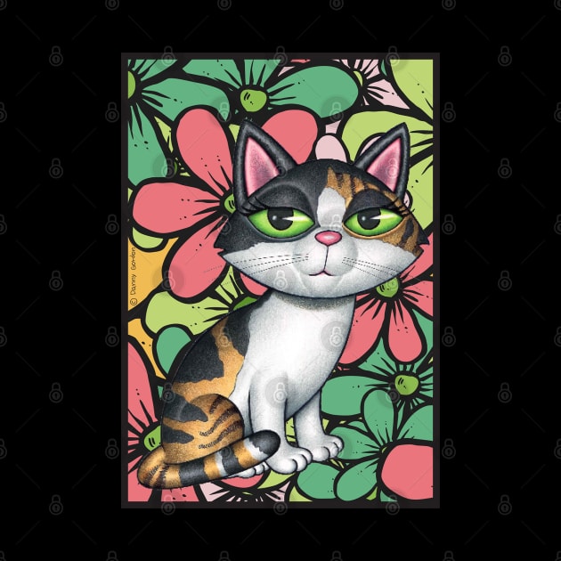 Cute Calico Kitty Cat with multi colored flowers by Danny Gordon Art