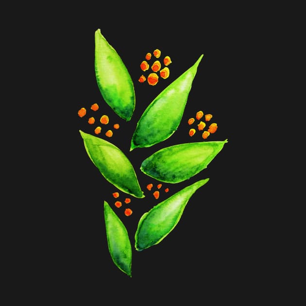 Abstract Watercolor Green Plant With Orange Berries by Boriana Giormova