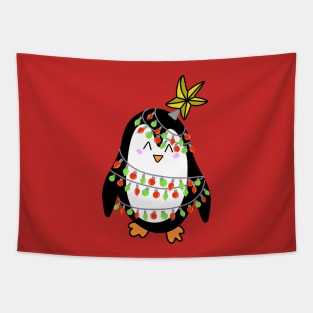 Cute Christmas Tree Lights Wrapped Penguin with a Star on his Head on a Maroon Backdrop, made by EndlessEmporium Tapestry