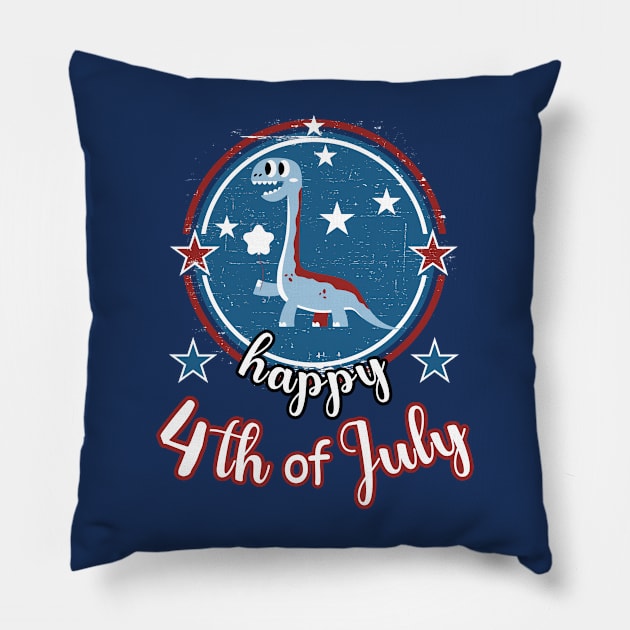 Retro Happy 4th Of July Patriot Dinosaur Pillow by Cute Pets Graphically