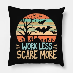 Work Less, Scare More! Halloween Vintage Sunset Bats Grave Pillow
