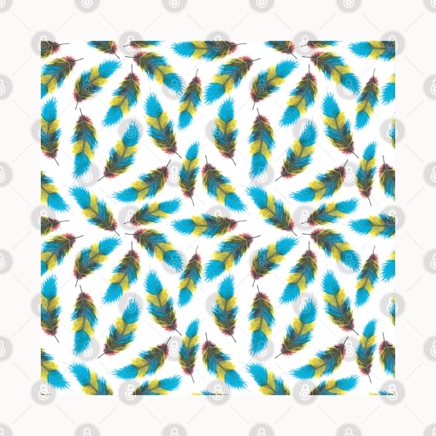 Blue and yellow watercolor feathers seamless pattern design by ArtMorfic