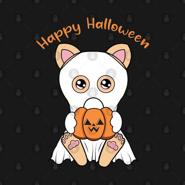 Happy Halloween Cute ghost Cat, Kawaii black cat with pumpkin by JS ARTE
