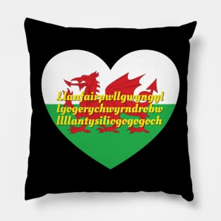 Llanfairpwllgwyngyllgogerychwyrndrobwllllantysiliogogogoch Wales UK Wales Flag Heart Pillow