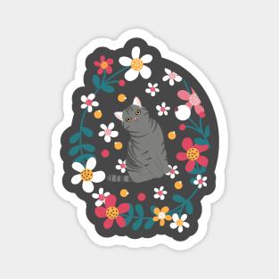 American Shorthair Cat and Flowers - Black Magnet