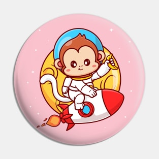 Cute Monkey Astronaut Riding Rocket In Moon Space With  Banana Cartoon Pin