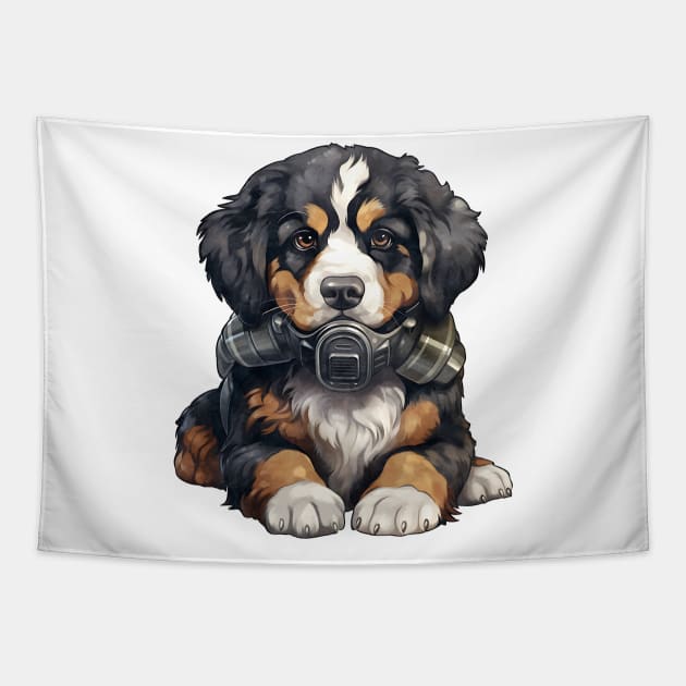 Bernese Mountain Dog Wearing Gas Mask Tapestry by Chromatic Fusion Studio