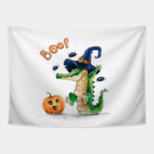 Boo! Halloween Crocodile and Pumpkin Tapestry