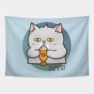 Funny Cute Fat Cat Holding a Fish Tapestry