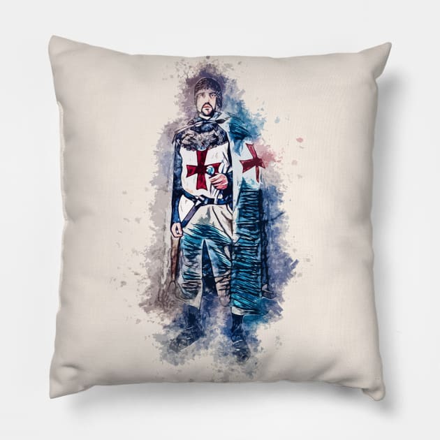 Knights Templar Warrior The crusader Watercolor Historic Fine Art Pillow by Naumovski