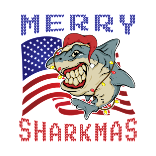 USA Merry Sharkmas. Funny Christmas Santa Hat Wearing Shark Boys Gift T-Shirt