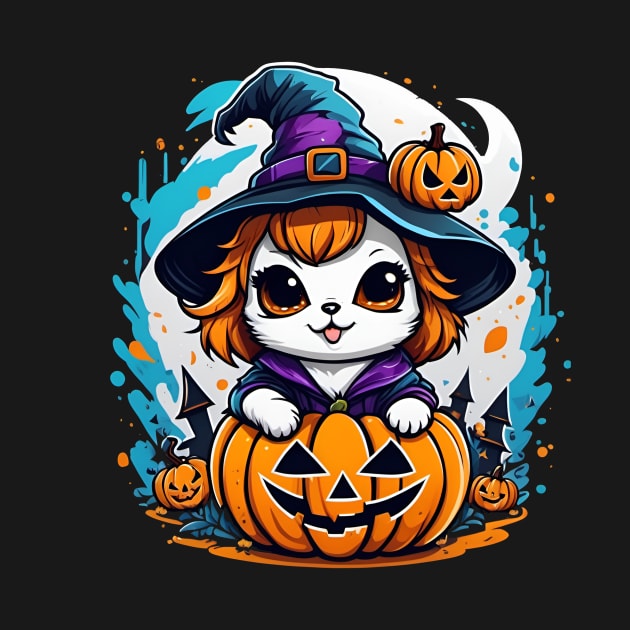 A cat in a witches hat sitting on top of a pumpkin by CreativeXpro