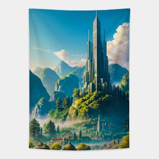 Massive Futuristic Tower Over A Green Utopia Tapestry