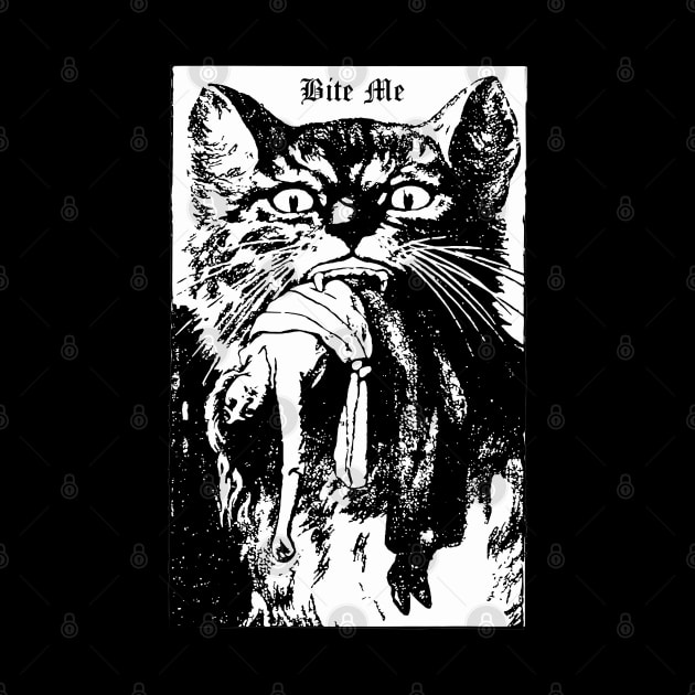 Bite Me Gothic Cat Black Halloween Horror Cult Shirt Mug Tapestry Sticker Pin + More by blueversion