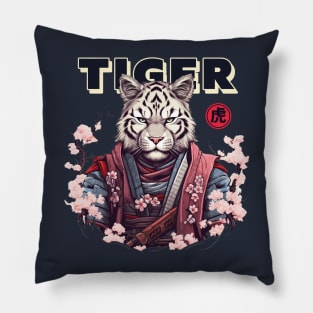 Japanese White Tiger Samurai Warrior - Tame The Cat Pillow