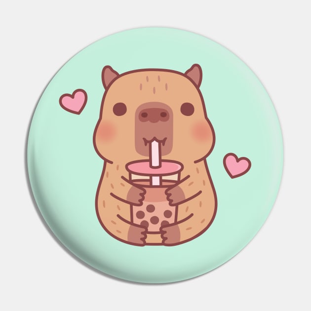 Cute Little Capybara Loves Bubble Tea Pin by rustydoodle