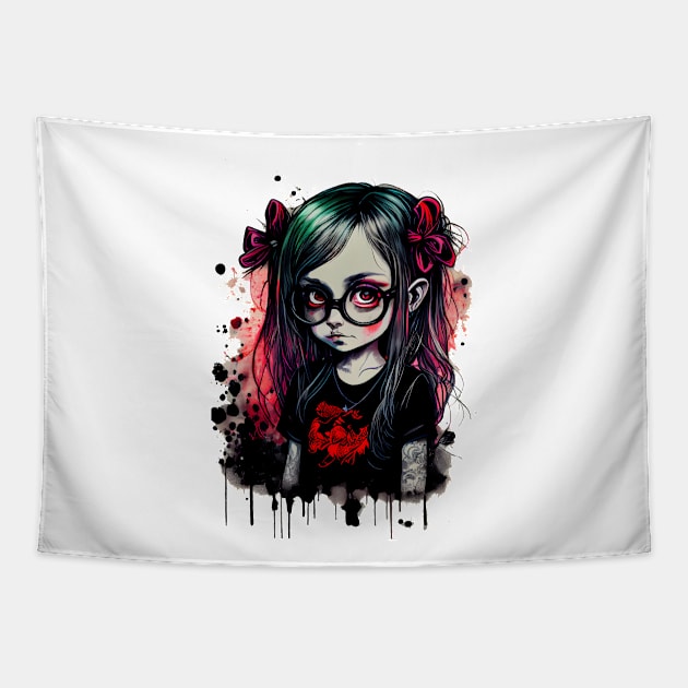 Cartoon little girl with glasses in gothic style at school T-Shirt Tapestry by MLArtifex