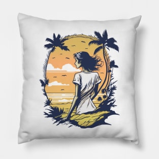 Beautiful Woman Silhouette in the Beach Summer Time Pillow