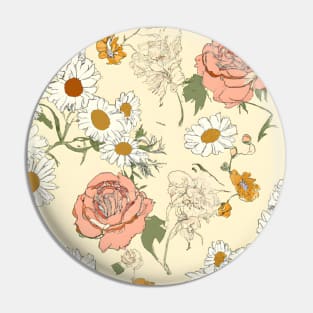 Hand-drawn floral motifs. Delicate daisies and roses scattered on a pale yellow background. Vintage flower wallpaper. Pin