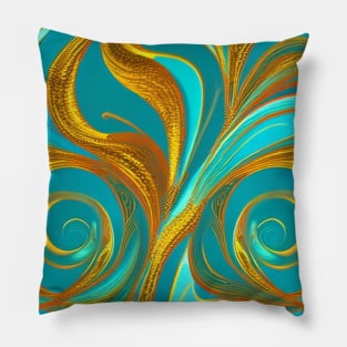 Abstract Turquoise and Gold Swirls Pillow