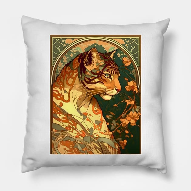 Vintage Art Nouveau Alphonse Mucha Inspired Tiger Design Pillow by entwithanaxe