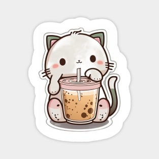 Cute Cat Drinking Bubble Tea Cartoon Boba Drawing Magnet