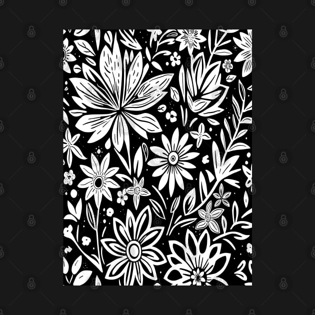 Black and White Floral Lino Print by Velvet Earth