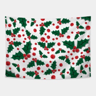 Mistletoe berries and twigs pattern on white background Christmas holiday festival Tapestry