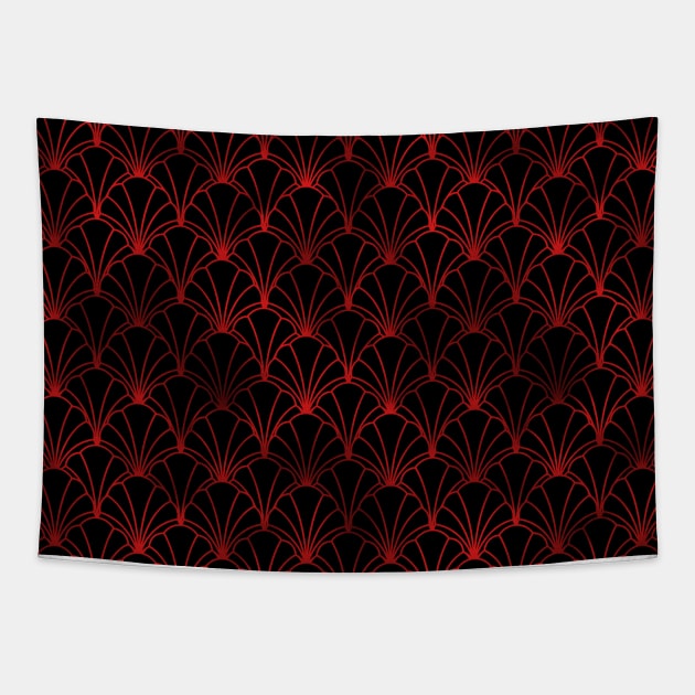 Scallop Shells in Black and Ruby Red Art Deco Vintage Foil Pattern Tapestry by podartist