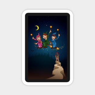 The three witches on a broom and the castle surrounded with bats. Magnet