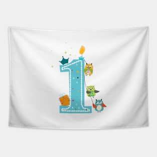 Happy first birthday with owls baby boy Tapestry