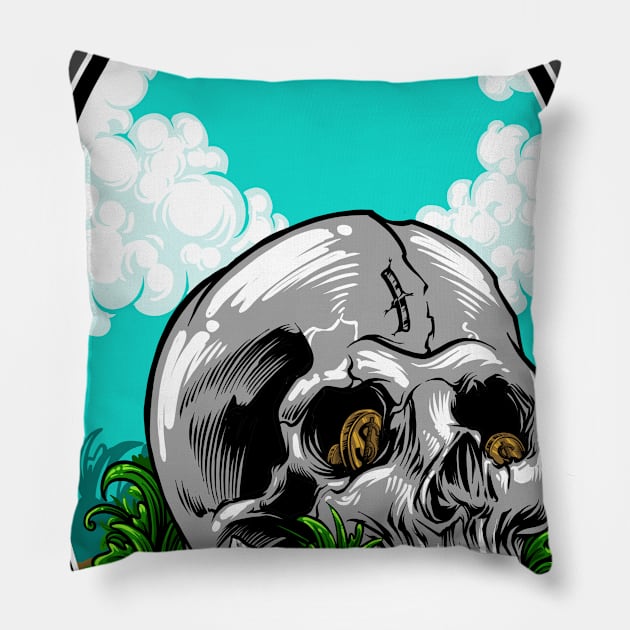 Skull stone and the golden coin Pillow by kushgraphik