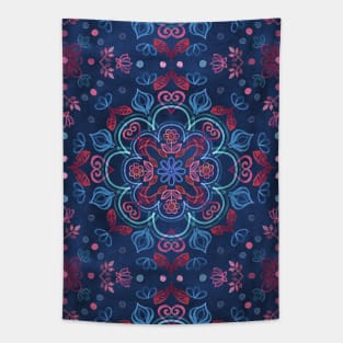 Cherry Red & Navy Blue Watercolor Floral Pattern Tapestry