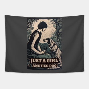 Just a girl and her dog, vintage, retro illustration Tapestry