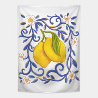 Lemon Delight Hand-Painted Mediterranean Tile Style Citrus Tapestry