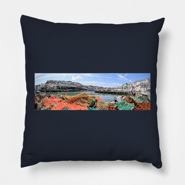 Brixham Harbour Panorama, Devon, UK Pillow by tommysphotos