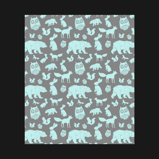 Grey Light Blue Forest Animals Fox Bunny Bear Owl by dreamingmind