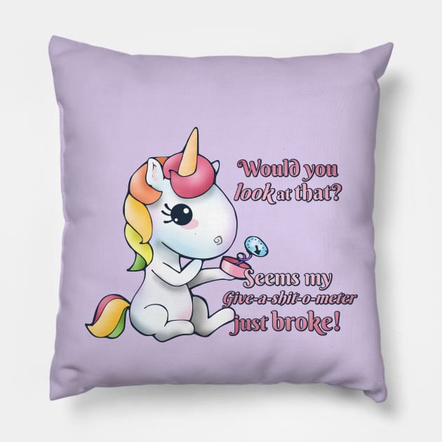 Snarkles the Vulgar Unicorn - Give-a-shit-o-meter Pillow by LyddieDoodles