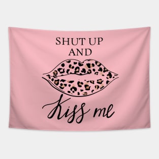 Fashion print with slogan. Kiss with leopard lipstick. Stylish woman lips. Tapestry