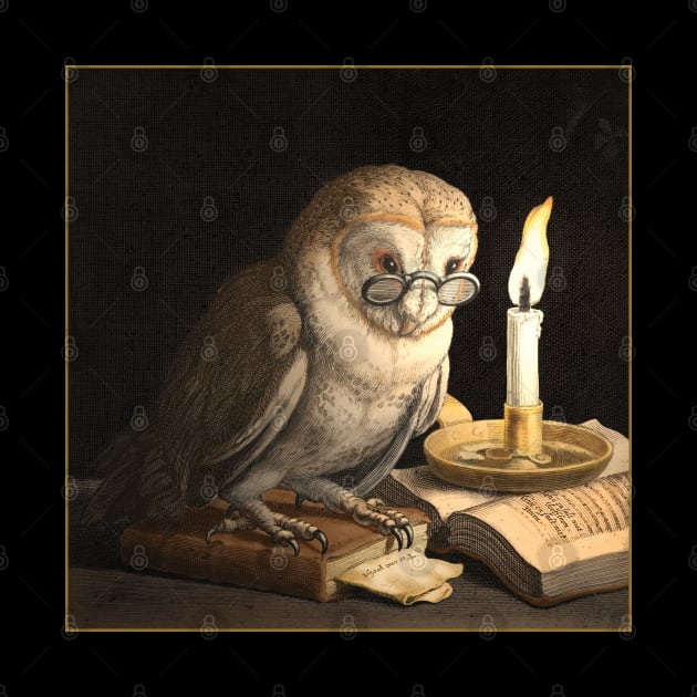 Owl with spectacles, candle and books. by Luggnagg