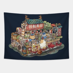 Steampunk Chubby Cat Sushi Restaurant Tapestry