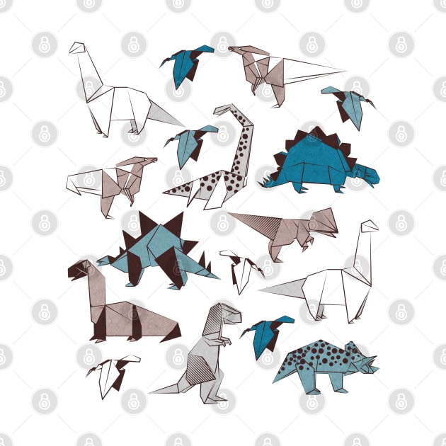 Origami dino friends // print // blue white and beige dinosaurs by SelmaCardoso