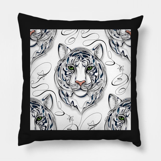 Continuous Line White Tiger Portrait. 2022 New Year Symbol by Chinese Horoscope Pillow by lissantee